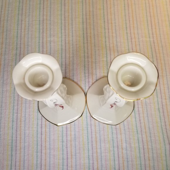 Belleek Pottery Ireland Winter Rose Candle Sticks Pair Porcelain Holly Floral - Picture 4 of 8